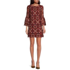Trina Turk Smolder Woven Abstract Geo Print 3/4 Bell Sleeve Sheath Dress Size 6